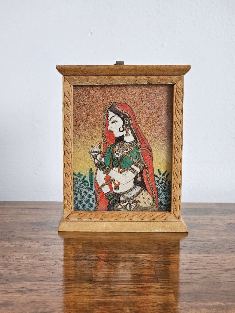 Vintage Gemstone Indian Goddess Key Holder Box, Crushed Gemstone Painting